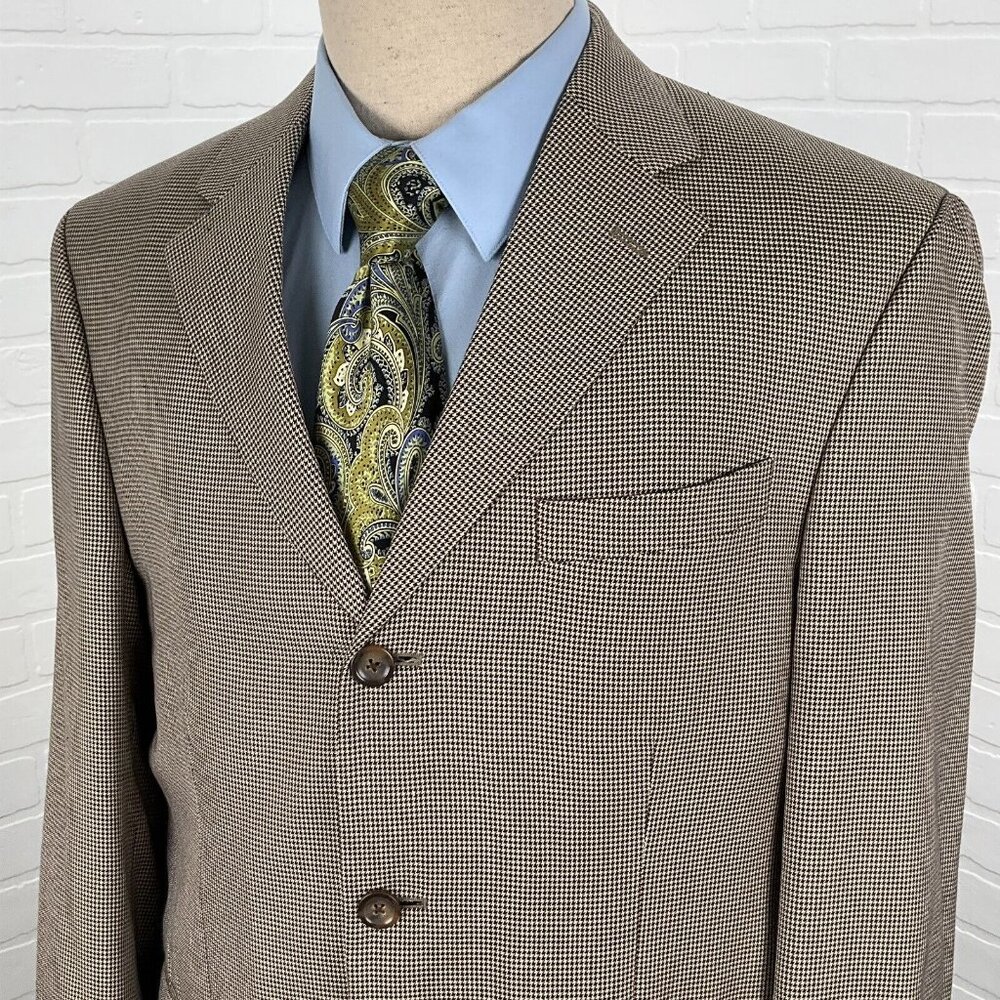 Oscar de la Renta Blazer Men 42 Brown Tan Houndstooth Mulberry Silk Classic